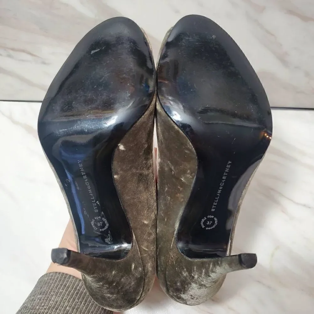Stella McCartney Olive Green‎ Velvet Bow Peep Toe Heels Size 37 7